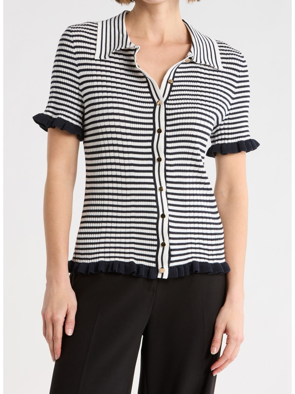 Elie Elie Tahari Navy & Ivory Striped Ribbed Polo with Button Front Size M NWT💚